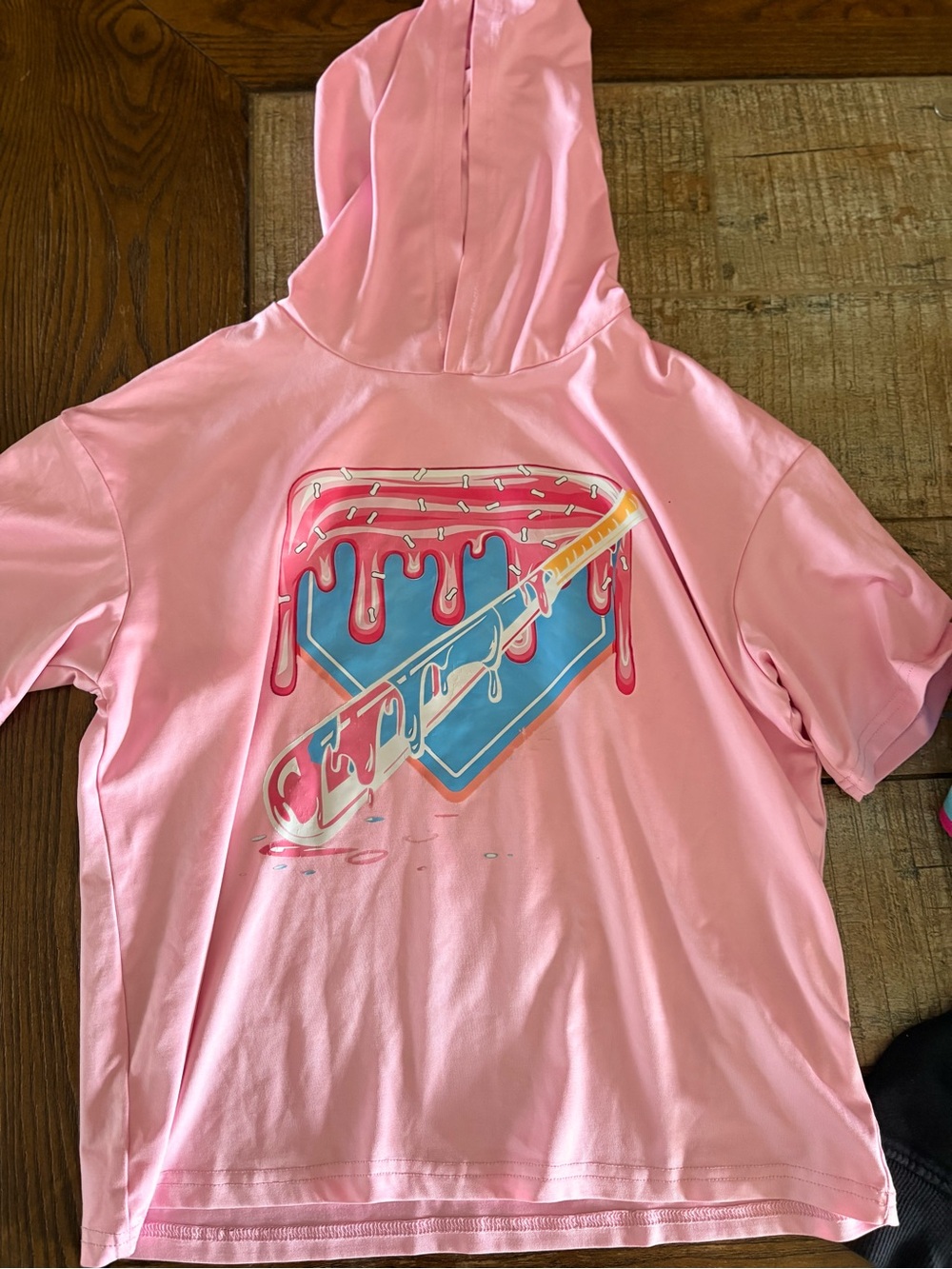Source Unknown Pink Short Sleeve Hooded Tee with Dripping Heart Graphic